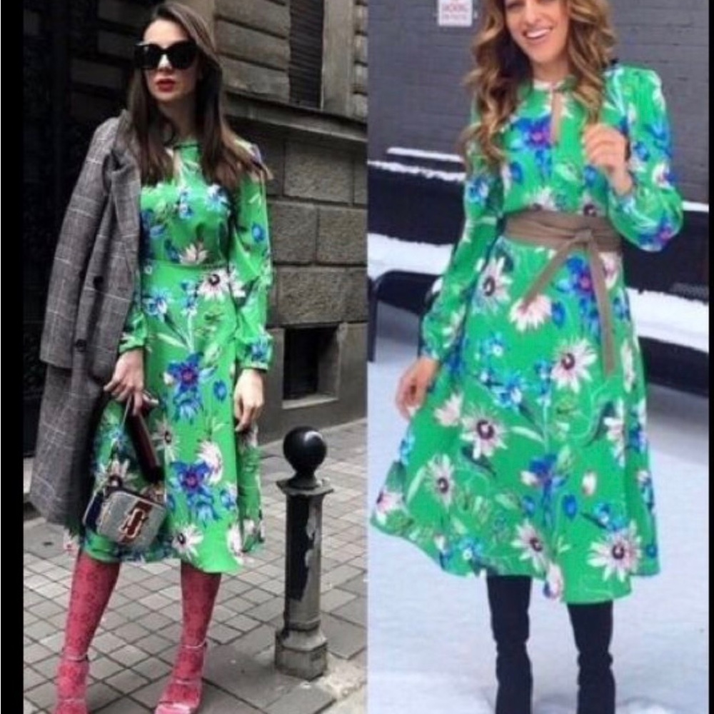 HM green floral midi dress fit & flare long sleeves NEW without Tag  S…